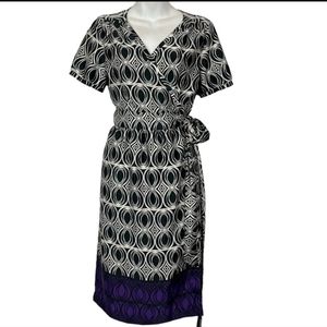 Banana Rebublic Purple‎ Navy Print True Wrap Style Satin Short Sleeve Dress sz 8